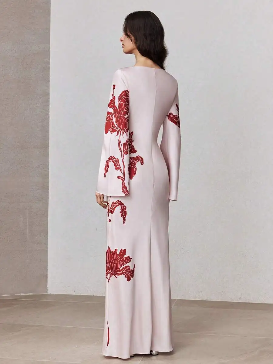 

Floral Print Fitted Off-Shoulder Flare Sleeve Maxi Dress Spring