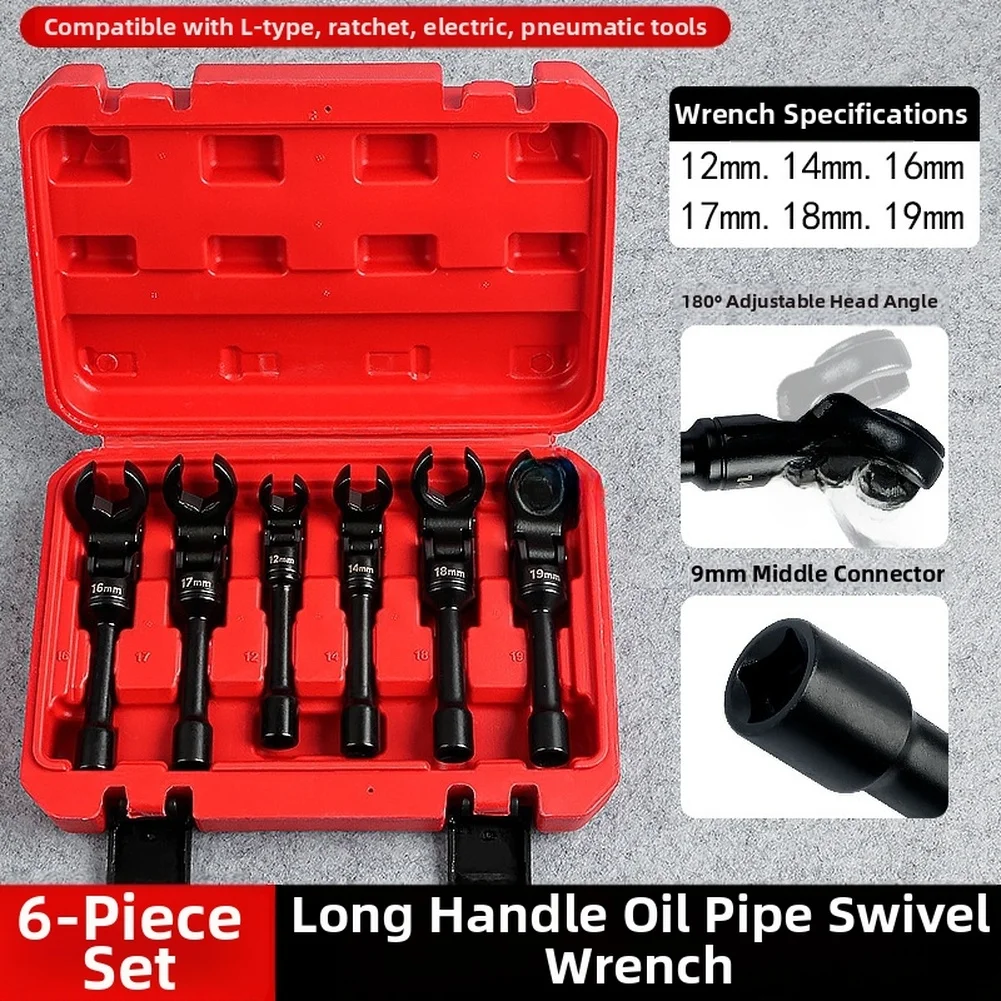 

6pcs Long Handle Swivel Head Fuel Line Wrench Set Alloy 180° Adjustable Head 3/8" Square Drive 12mm 14mm 16mm 17mm 18mm 19mm
