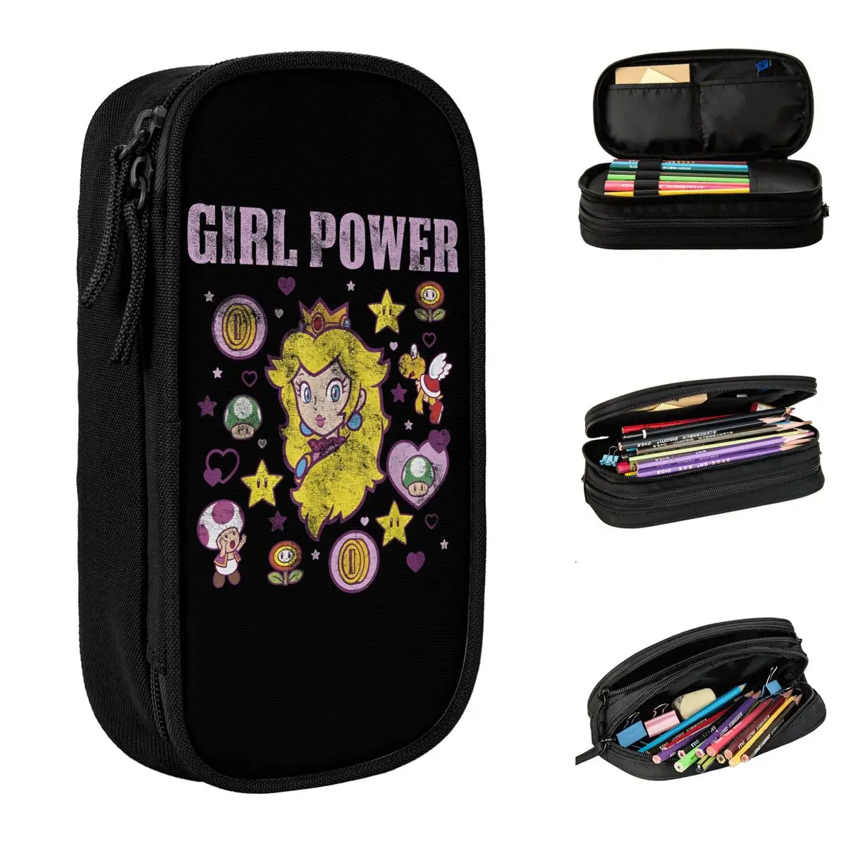 Super Mario Peach Girl Power Icons Pencil Case Cute Game Pen Bag Kids Big Capacity Students School Zipper Pencil Box