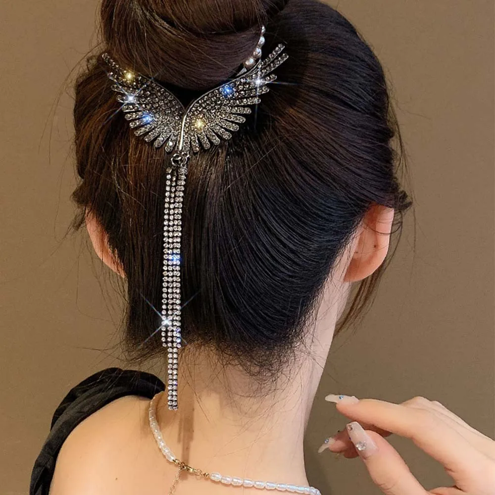 Pinzas para el pelo de diamantes de imitación con alas de Ángel, pinzas de garra con borla de perlas, horquillas en espiral de cola de caballo alta, accesorios para el cabello brillantes