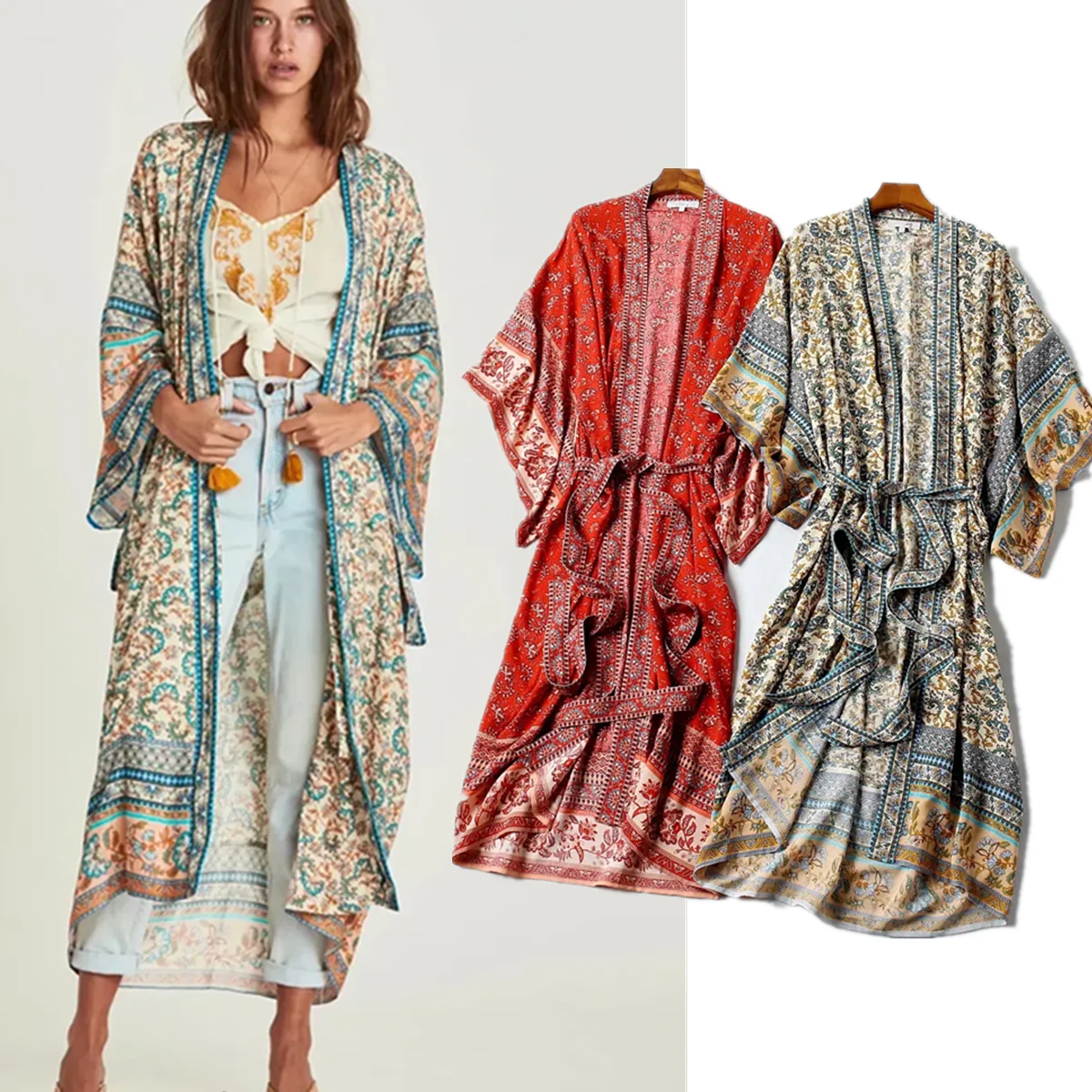 

Dave&Di Bohemian Vintage Printed Cotton Kimono Jacket Women Vacation Style Sashes Jacket Coat