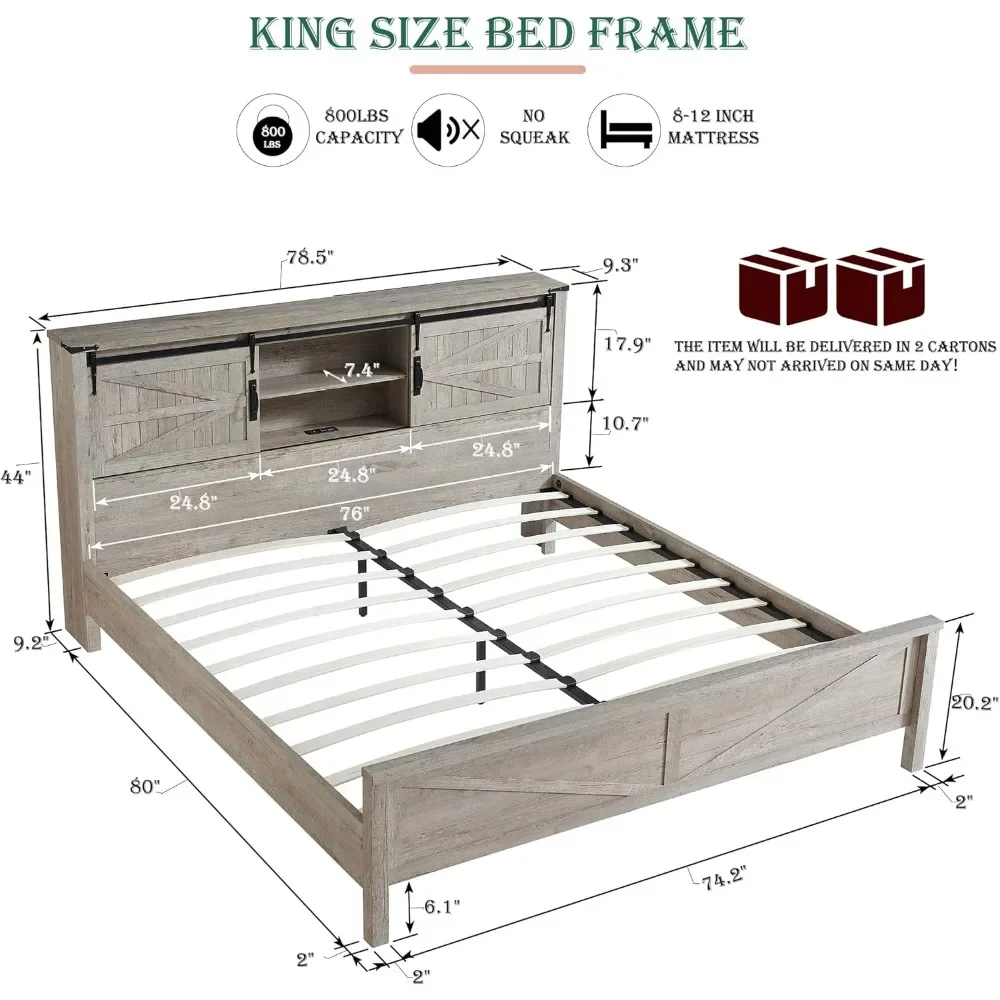 King Bed Frame with Bookcase Headboard Sliding Barn Door Storage Cabinet Charging Station Wood Slats Support，Bed Frame