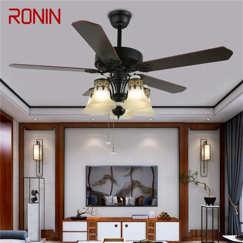 RONIN European Luxury LED Fan Light American Retro  Living Room Restaurant Bedroom Ceiling Fan Light Remote Electric Fan Light