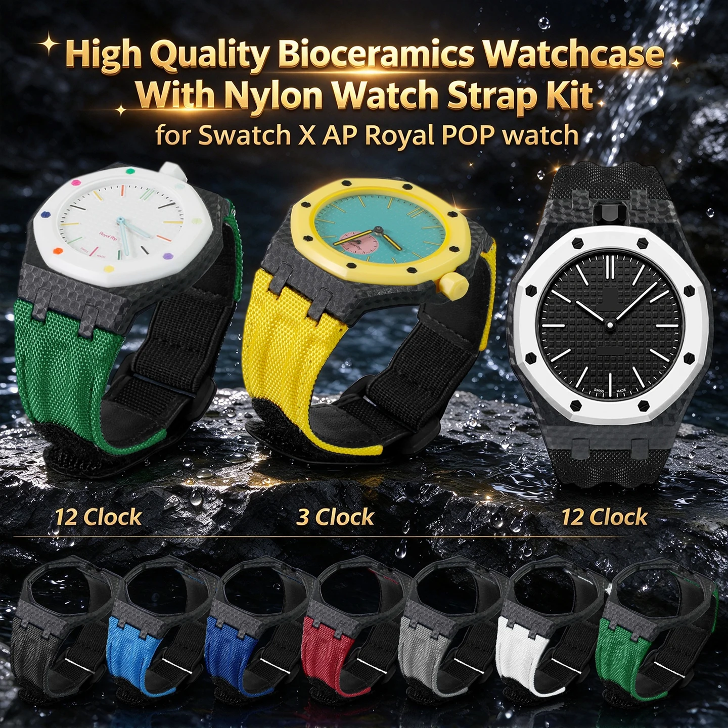 High Quality Bioceramics Watchcase +Nylon Watch Strap Kit for Swatch X AP Royal POP With Quick‑Adhesive Watchband For 3/12 Clock