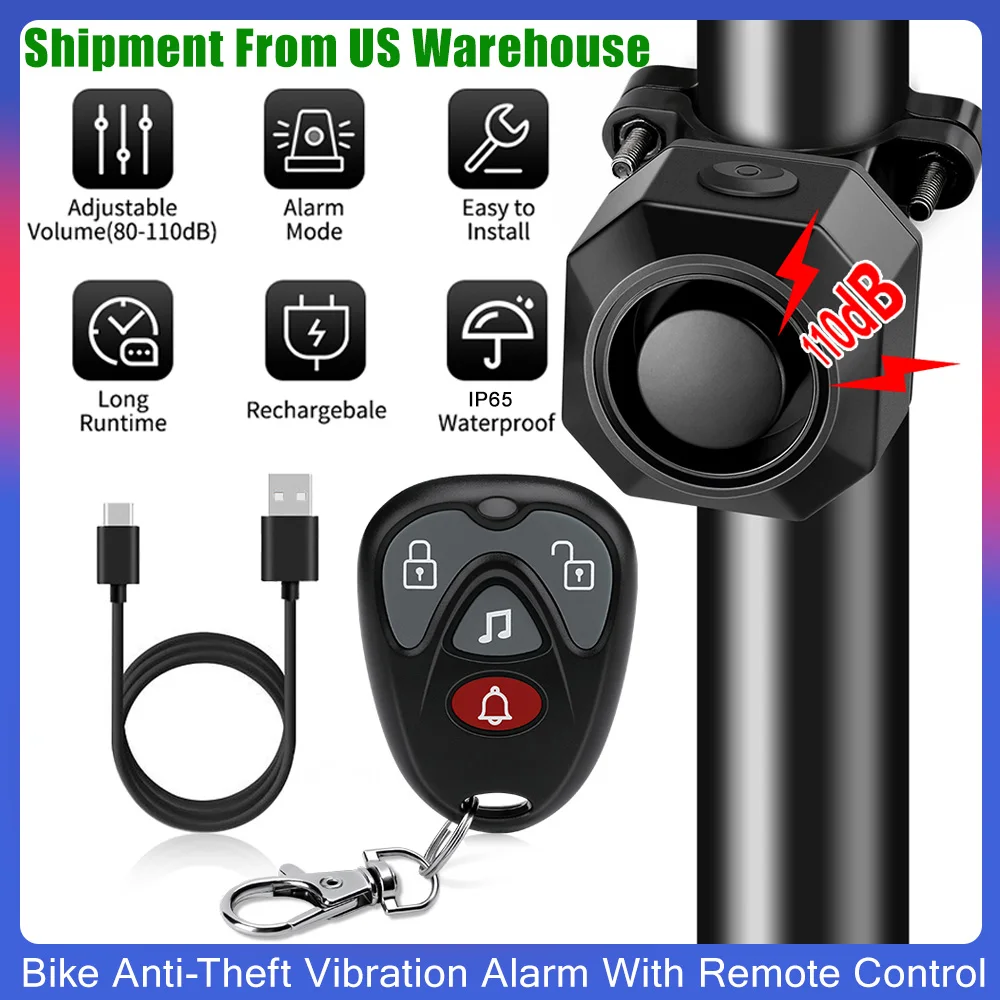 

Bike Anti-Theft Vibration Alarm With Remote Control Max 110dB Rechargeable Bicycle Alarm& Ebike Alarm 7 Levels Sensitivity