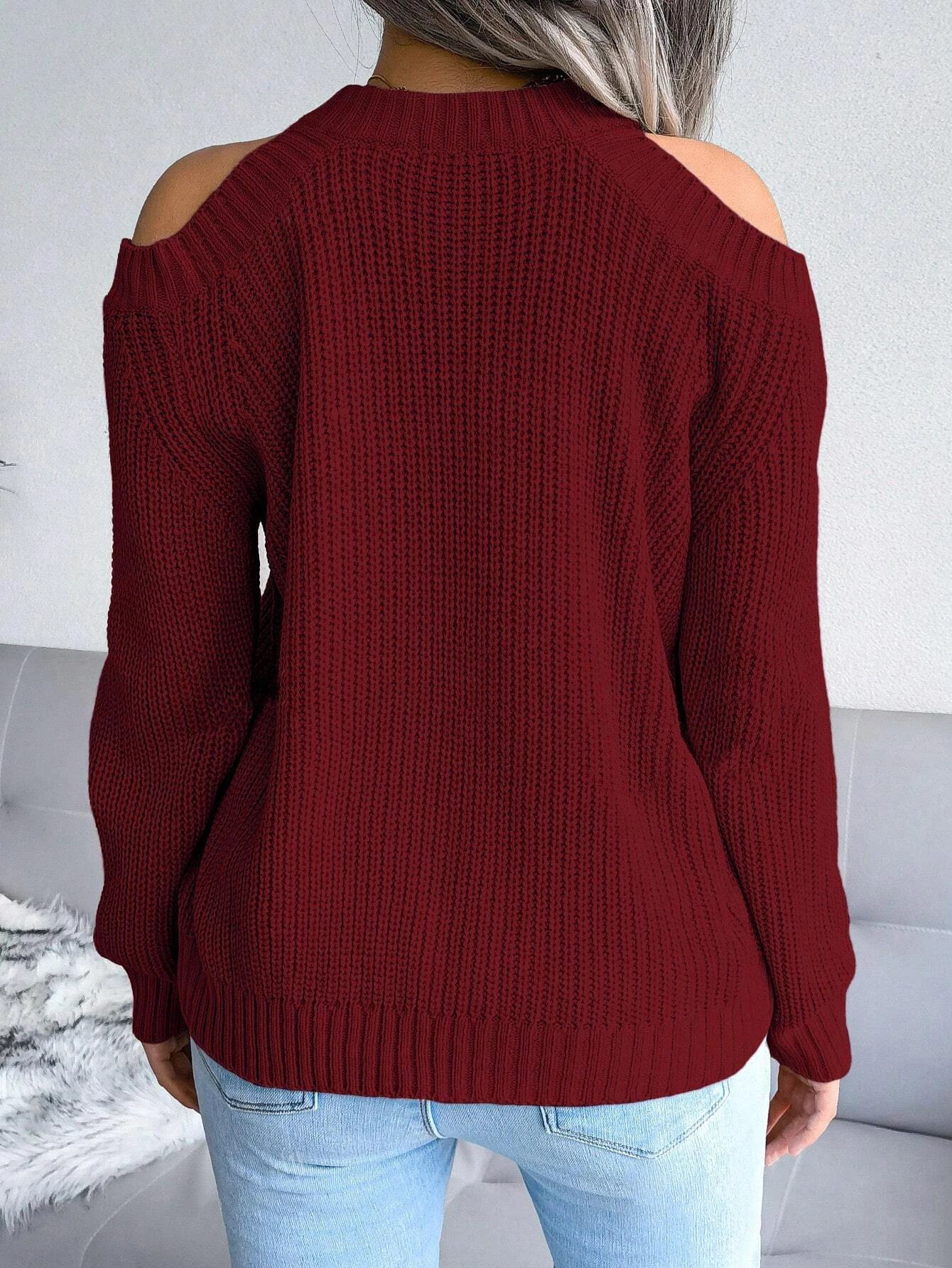 Women's Burgundy Cold Shoulder Rib Knit Sweater Crew Neck Loose Fit Casual Long Sleeve Pullover Top