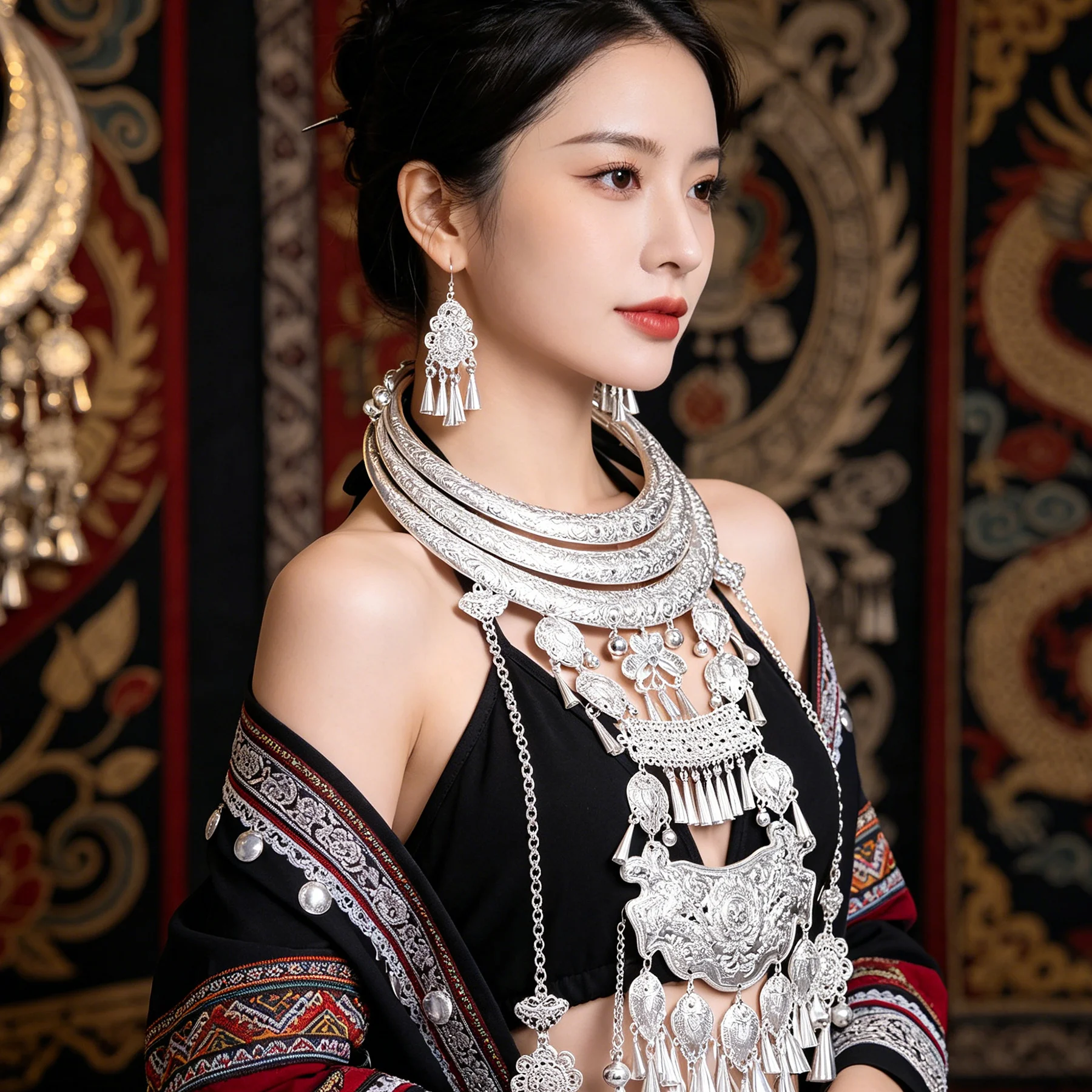 Ethnic Miao Silver Bib Necklace Chinese Unisex Large Collar Dance Costume Jewelry Butterfly Roll Bell Tassel Hmong Accessories