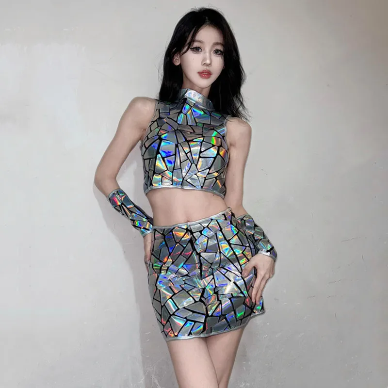Shiny Sequins Short Skirt Sexy Crop Tops Stage 2 Piece Outfit Women Gogo Dancer Group Jazz Dance Performance Costume Rave Show