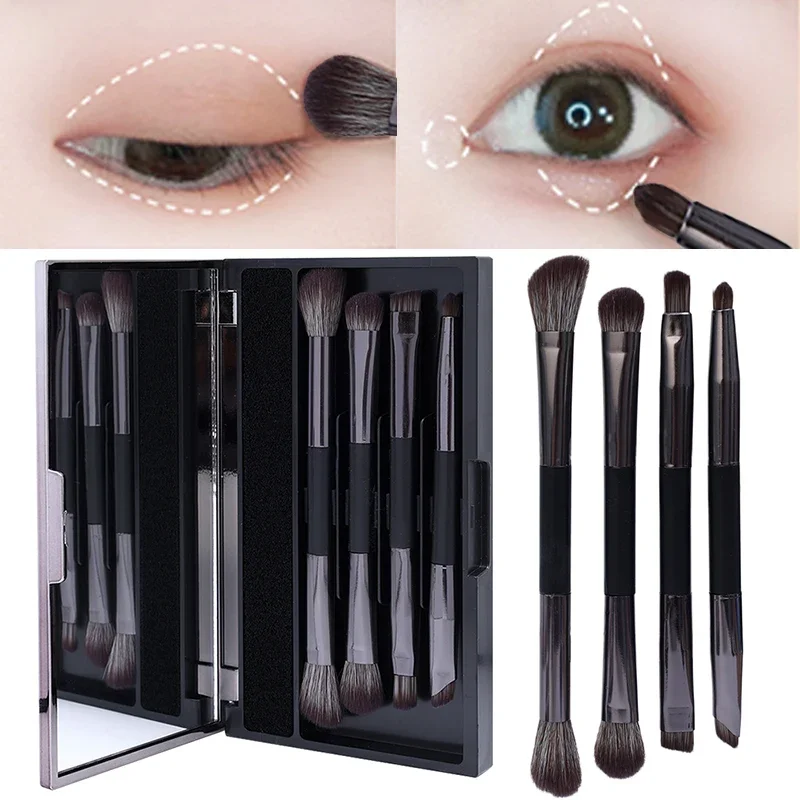 4pcs Double Head Eyeshadow Brush Suit with Dry Clean Sponge and Mirror Multifunction Concealer Highlight Eyeliner Cosmetic Brush