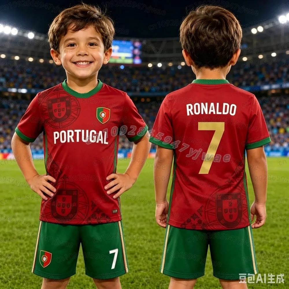 26 Sommer Jungen Ronaldo Nr. 7 Fußballtrikot T-Shirt Shorts Set Damen Herren PORTUGAL Fan-Shirt Shorts Set Kinder Trainingsanzug 2-teiliges Set – Detail 8