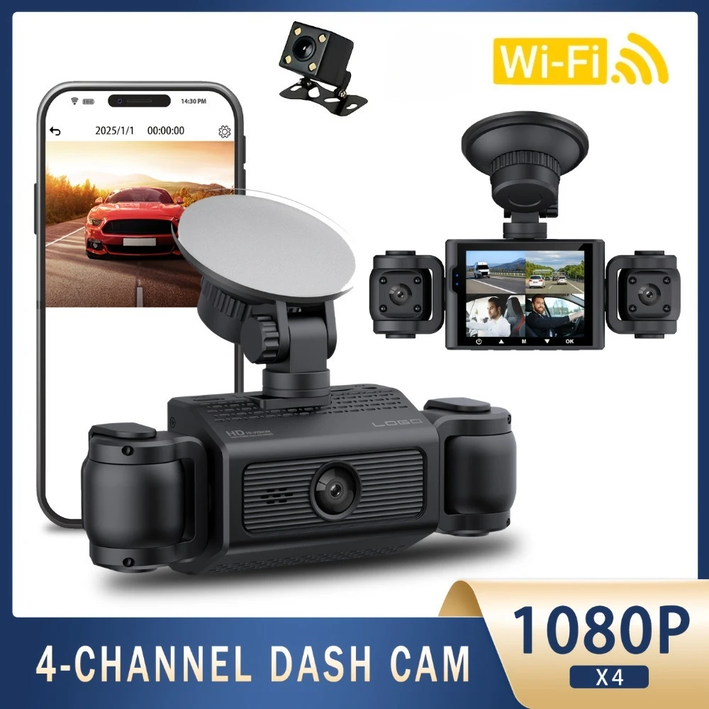 

360 ° Автомобильный видеорегистратор 4-канальный видеорегистратор WIFI 1080P Автомобильный видеорегистратор с 4 объективами Передняя левая правая камера заднего вида Ночное видение Черный ящик