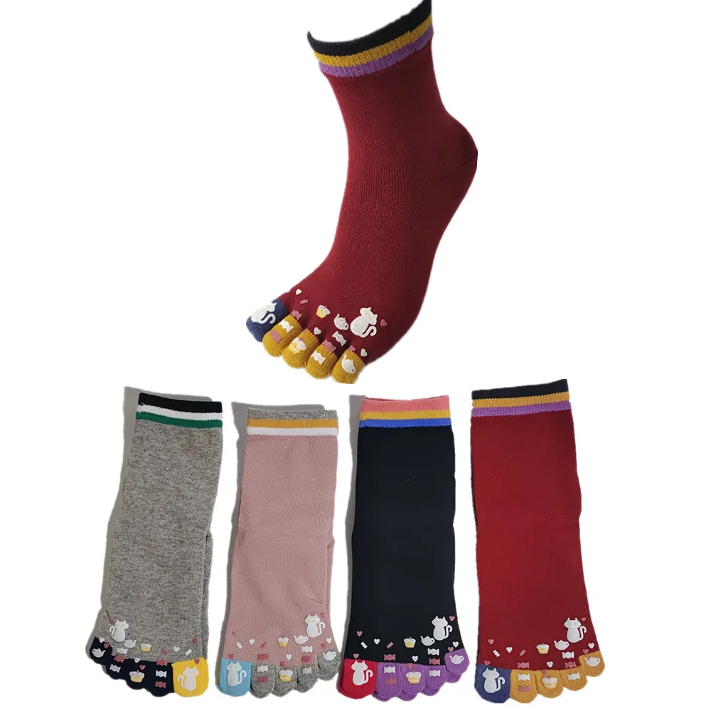 

4 Pairs Women Cotton Cartoon Toe Socks, Split Toes 5 Finger Socks Sets