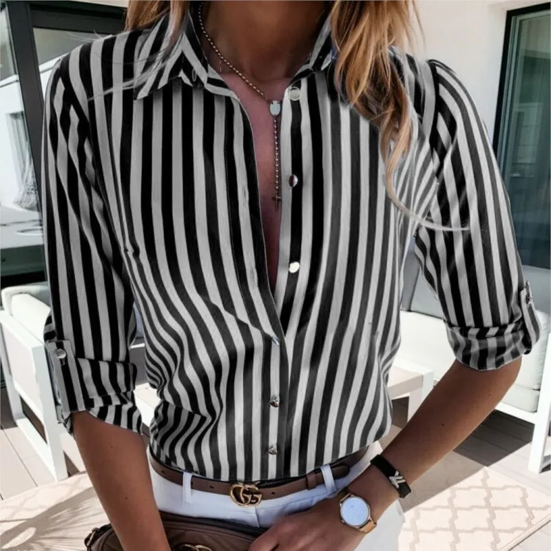 Red And White Printing Striped Shirt Women Vintage Casual Shirts Lady Lapel Button Commute Style Blouses Long Sleeve Fashion Top