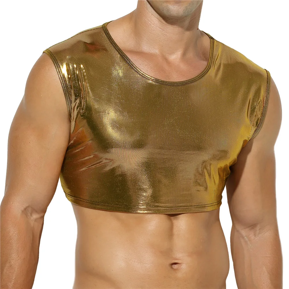 Sexy Shiny Mens Faux Leather Crop Tops Nightclub Stage Short Tank Tops Sexy Mini Vests Bodybuilding Party Clubwear Men's Clothes