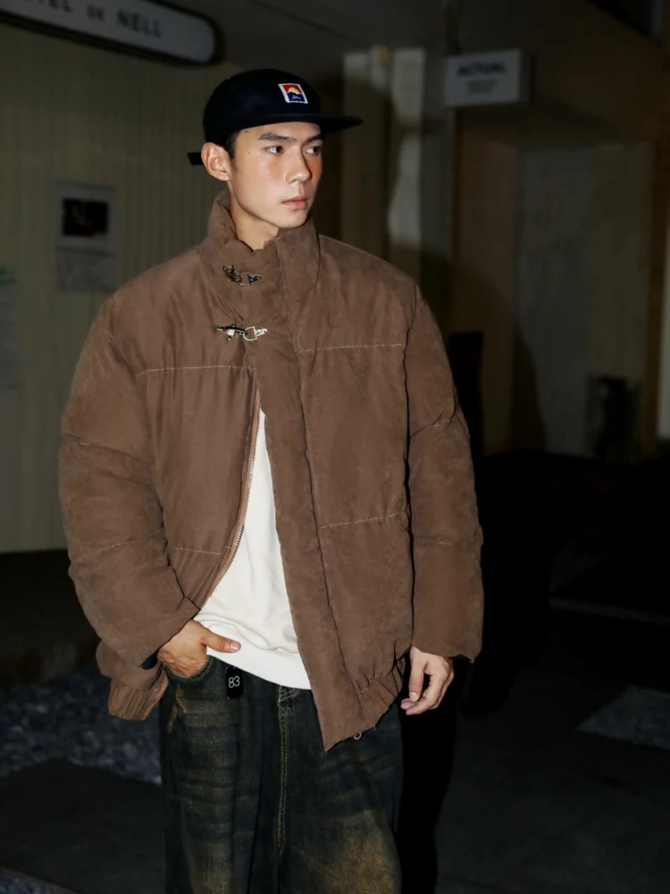 

Jacket men's loose solid color simple winter stand-up collar buckle cotton clothes thickened warm design sense American trend