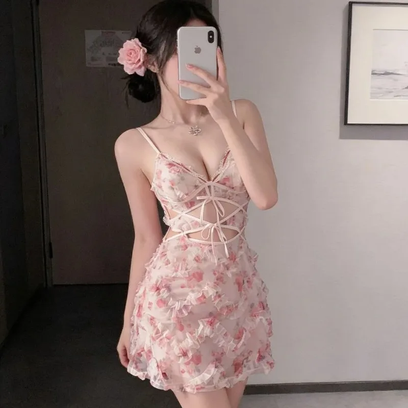 Slimming Print Hollow out Short Skirt with Bell Sleeve Design for Women Summer Trendy Low Cut Strapless Midi Dress Artistic