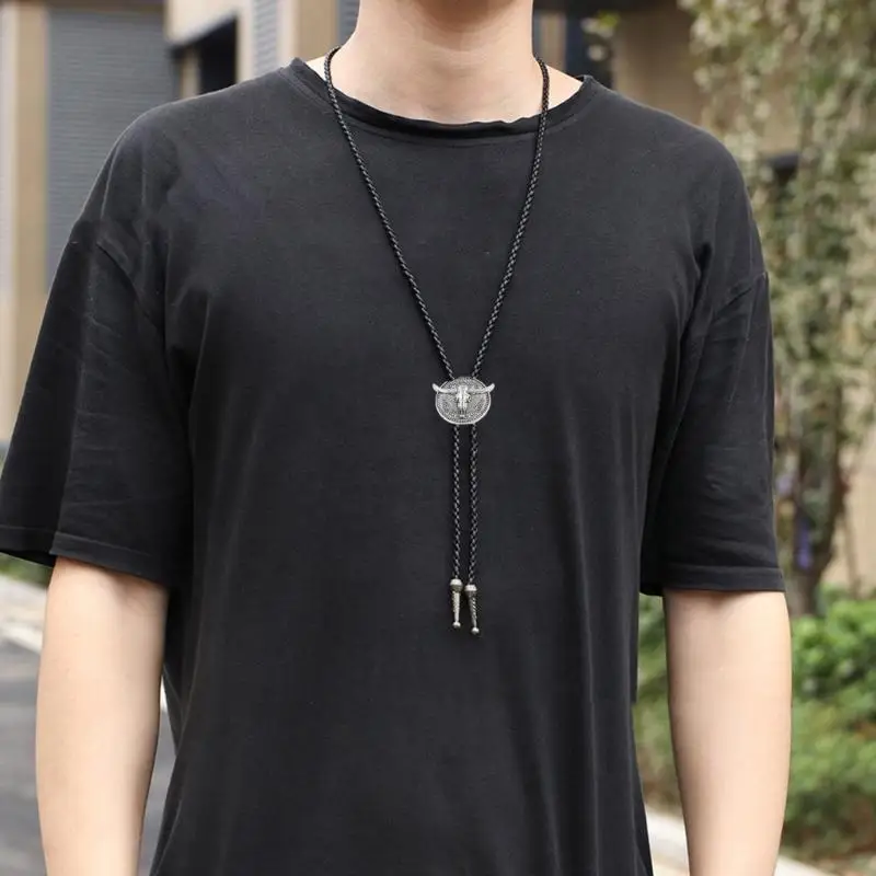 E56A Adjustable Length Rope Bolo Tie with Bullhead Pendant for Men's Various Occasion