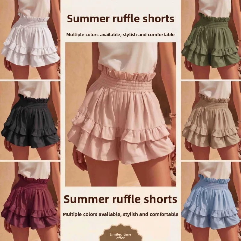 Women Summer Hot Sale New Fashion Waist Cinched Ruffled Casual Shorts EU US Style