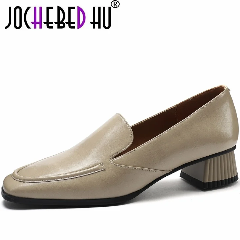 【JOCHEBED HU】Brand Genuine Leather Loafers Low Heel Women Shoes Square Toe Causal Slip-On Lady Footwear Size 34-43