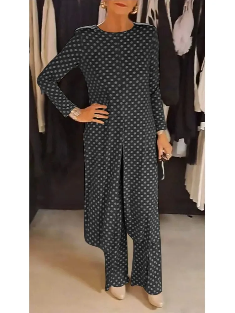 Spring Autumn Fashion O-neck Slit Long Top Long Pant Sets Women Casual Long Sleeve Loose 2Pc Outfit Elegant Polka Dot Print Suit