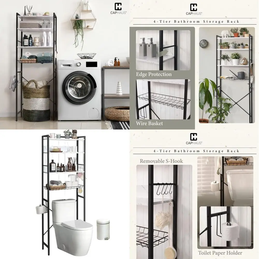 

4-Tier Freestanding Toilet Storage Organizer with Hooks, Multifunctional Bathroom Shelf, Laundry and Plant Stand (Marble White)