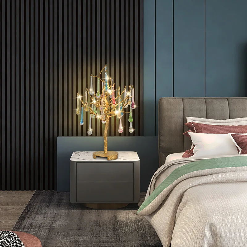 

Light luxury bedroom bedside lamp, all-copper modern branch crystal glass table lamp