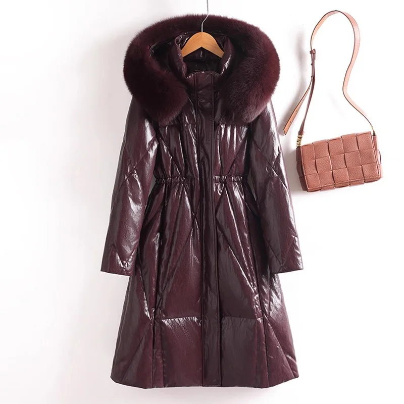 جديد إمرأة شتاء انقسام الجلود أسفل معطف موضة مقنعين الثعلب الفراء طوق الرباط الخصر النحيف معطف دافئ معطف جلد يومي غير رسمي #1