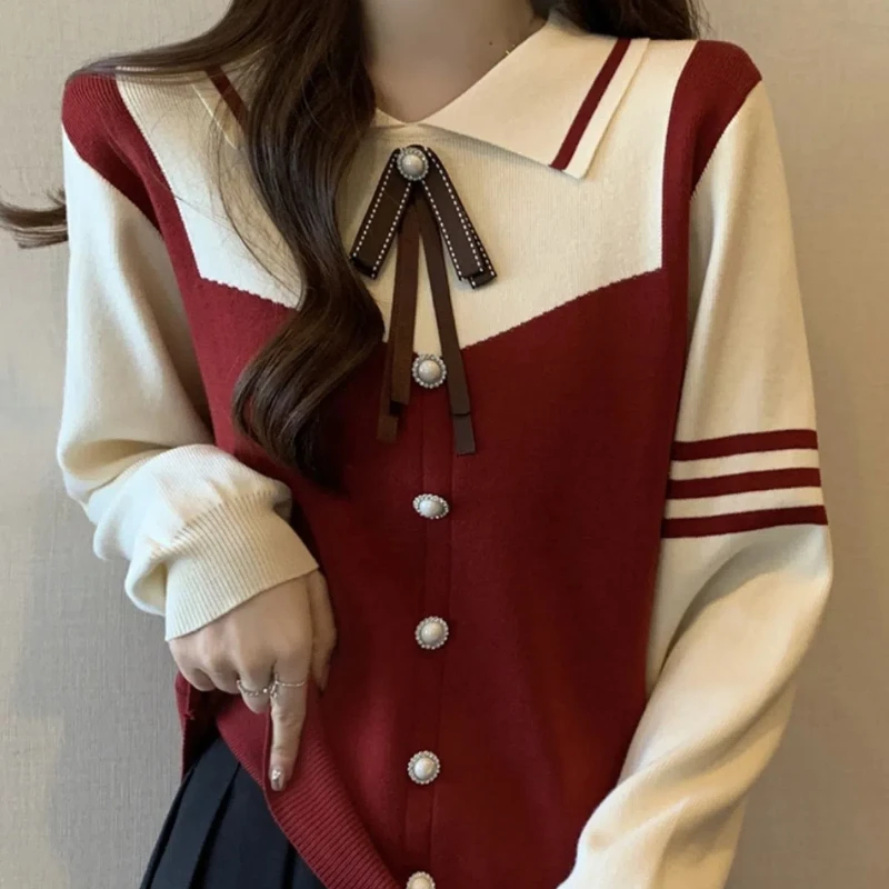 2024 Autumn Long Sleeve New Match Color Splicing Knitted Shirt Looks Thin and Unique Covering the Belly Top Trendy