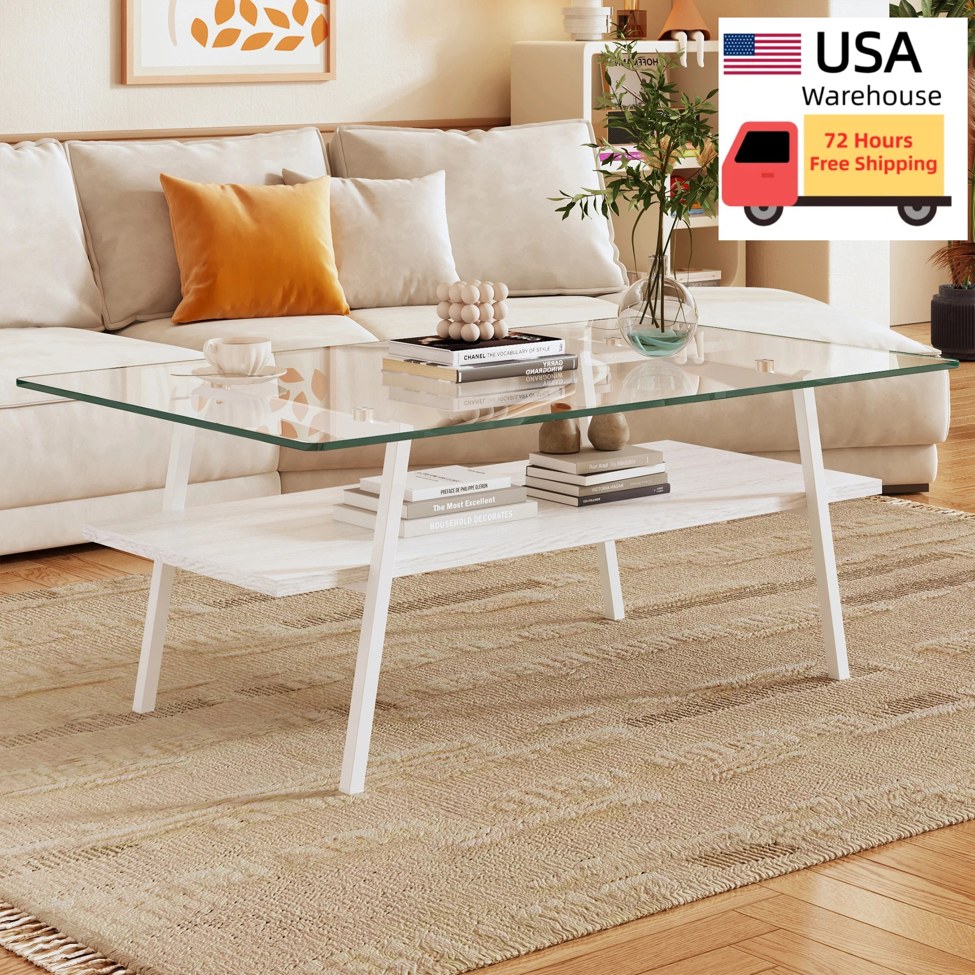

2025 Trending New Rectangle Coffee Table, Tempered Glass White Table Modern Table for Living Room Furniture