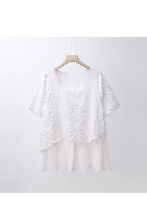 

Женская шифоновая блузка Fatmm больших размеров, чисто белая, с цветочным узором, с коротким рукавом, летняя, элитная, с вышивкой, повседневная, свободного кроя, из хлопка