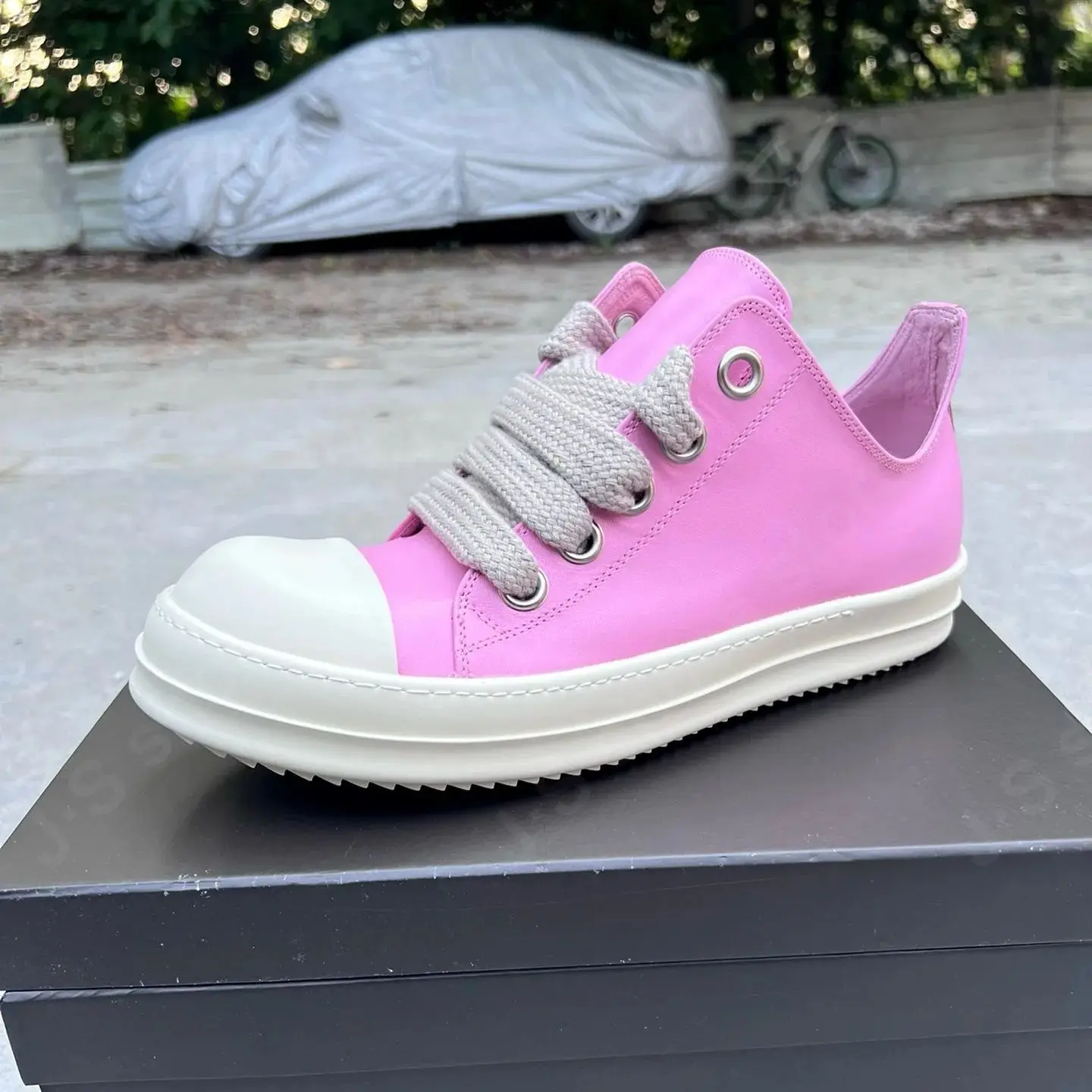 

Ricks Men Shoe Pink Leather Low Top Shoe Jumbo Laces Owens Women Sneaker Casual Shoe Owen Design Thick Sole Shoes Sneakers