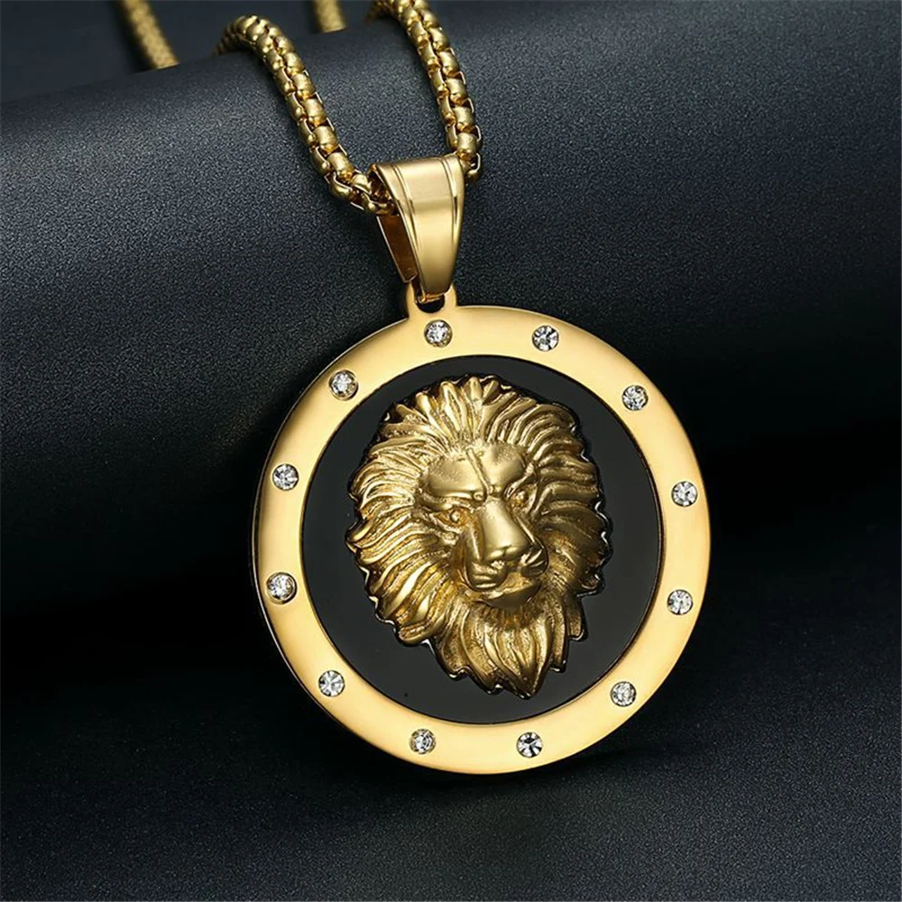 Punk Großen Runden Löwenkopf Anhänger Männlichen Gold Farbe Edelstahl CZ Tier Halsketten Für Männer Fashion Party Schmuck Geschenk 2025