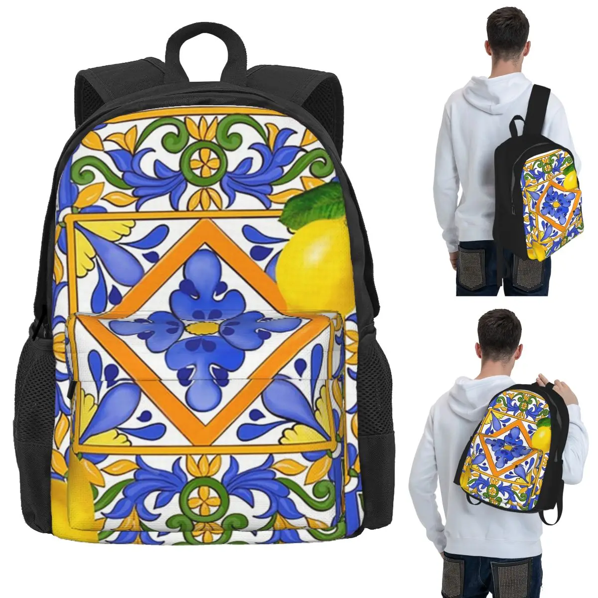 Summer ,Sicilian Tiles ,citrus,oranges Student Backpack School Bag Hiking Travel Daypack for Boys Girls Bookbag Shoulder Bags
