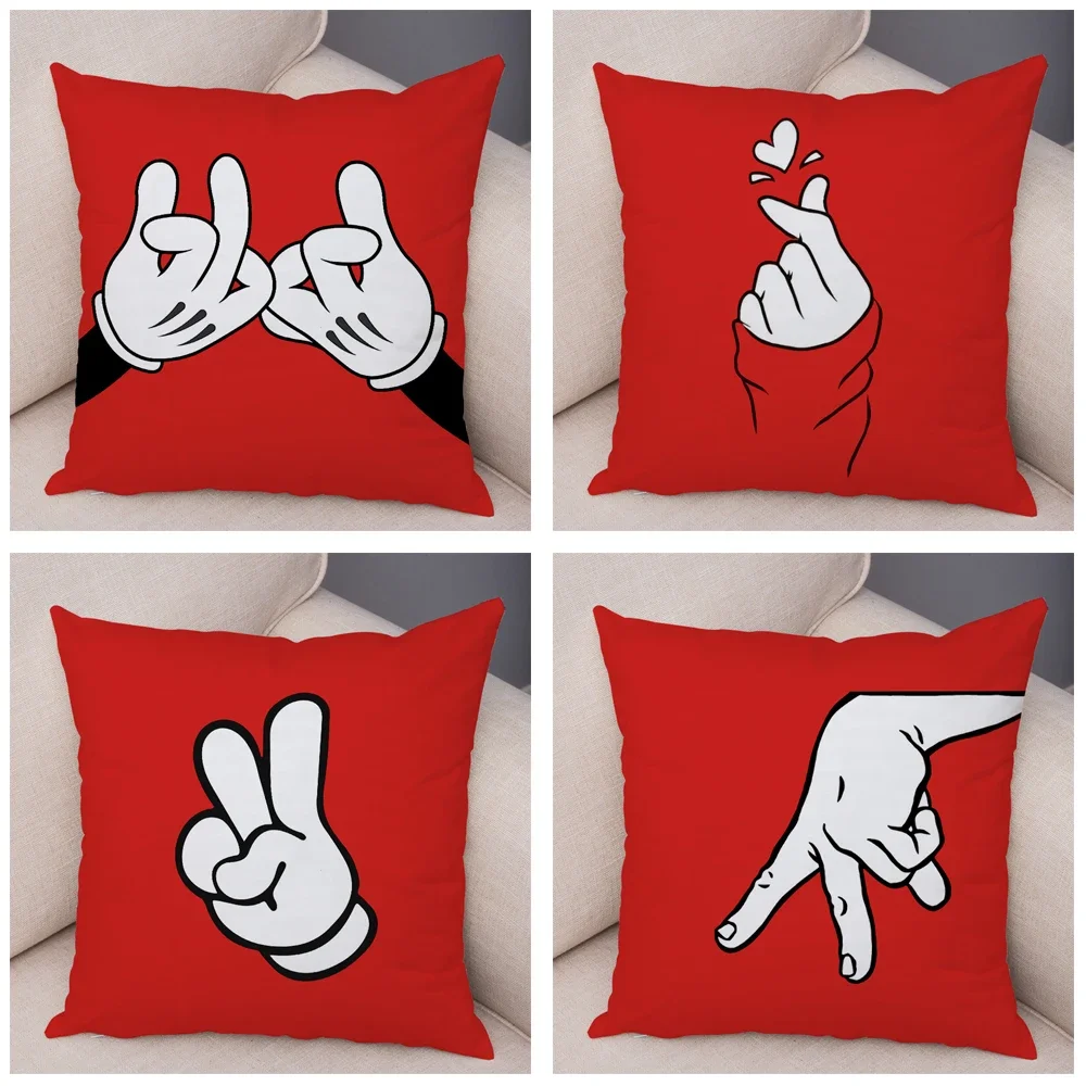 Red Finger Gesture Sofa Cushion Cover Home Kids Room Decor Cartoon Print Pillowcase