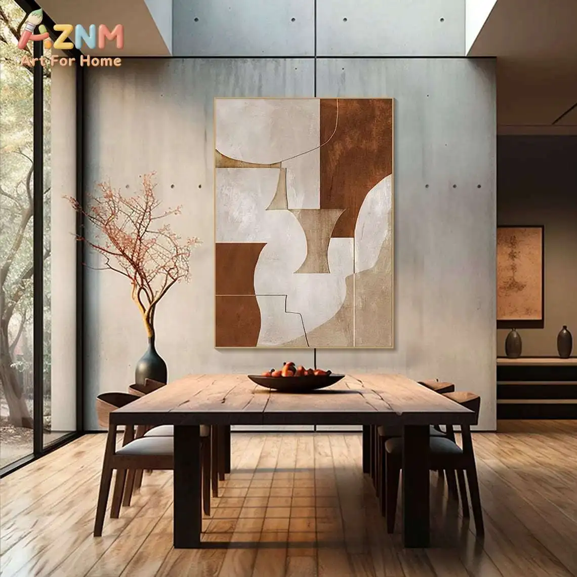 AZNM Wabi Sabi Terracotta Neutral Abstract Geometric Canvas Wall Art, Minimalist Earth Tone Curved Shape Line Art Unframed Print