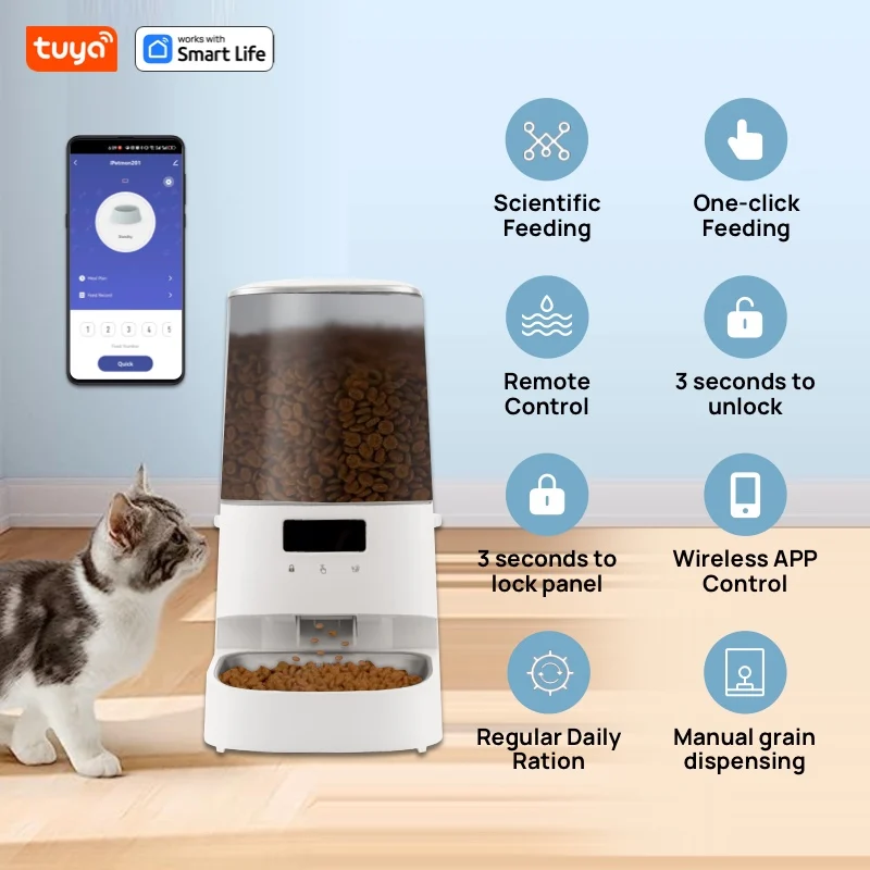 Wi-Fi Enabled 5L Pet Feeder for Cats and Dogs,APP Control,Low Food Alarm,For IPETMON&Tuya Smart/Smart Life APP USB