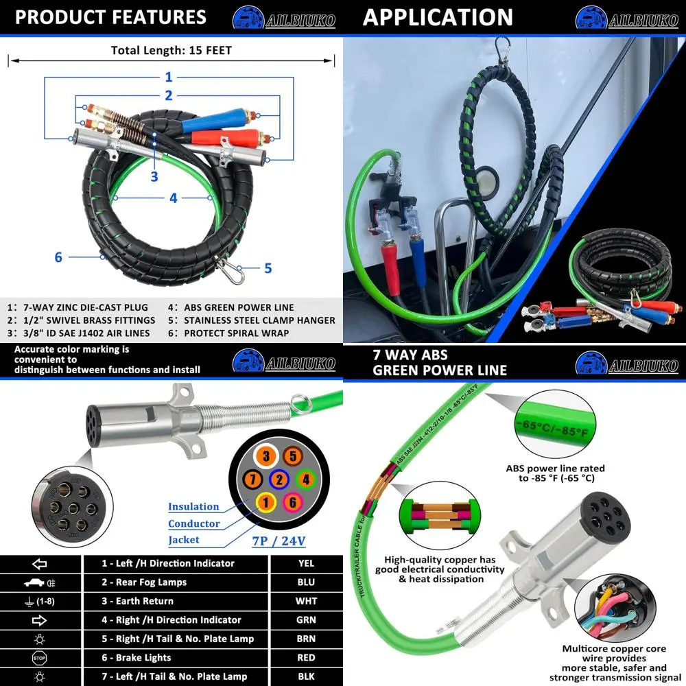 

Комплект полувоздушных линий, 15 футов воздушного шланга 3-в-1 для грузовика, 7-контактный электрический кабель из АБС-пластика с шестигранными ручками Glad Hands, ручки для