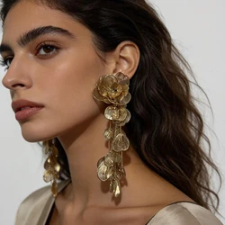 Exaggerated Flower Long Metal Dangle Earrings For Women Party Gift Gold Color Earrings Fashion Luxury Jewelry