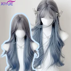 XIYUE Blue with Grey Highlight Long Straight Synthetic Wigs with Bangs Cosplay Hairs Wig for Women Daily Natural Heat Resistant