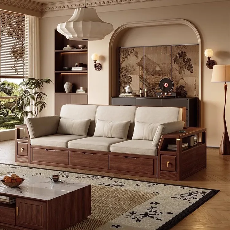 Medieval black walnut solid wood sofa living room winter and summer dual-purpose straight row four-person multi-functional stora