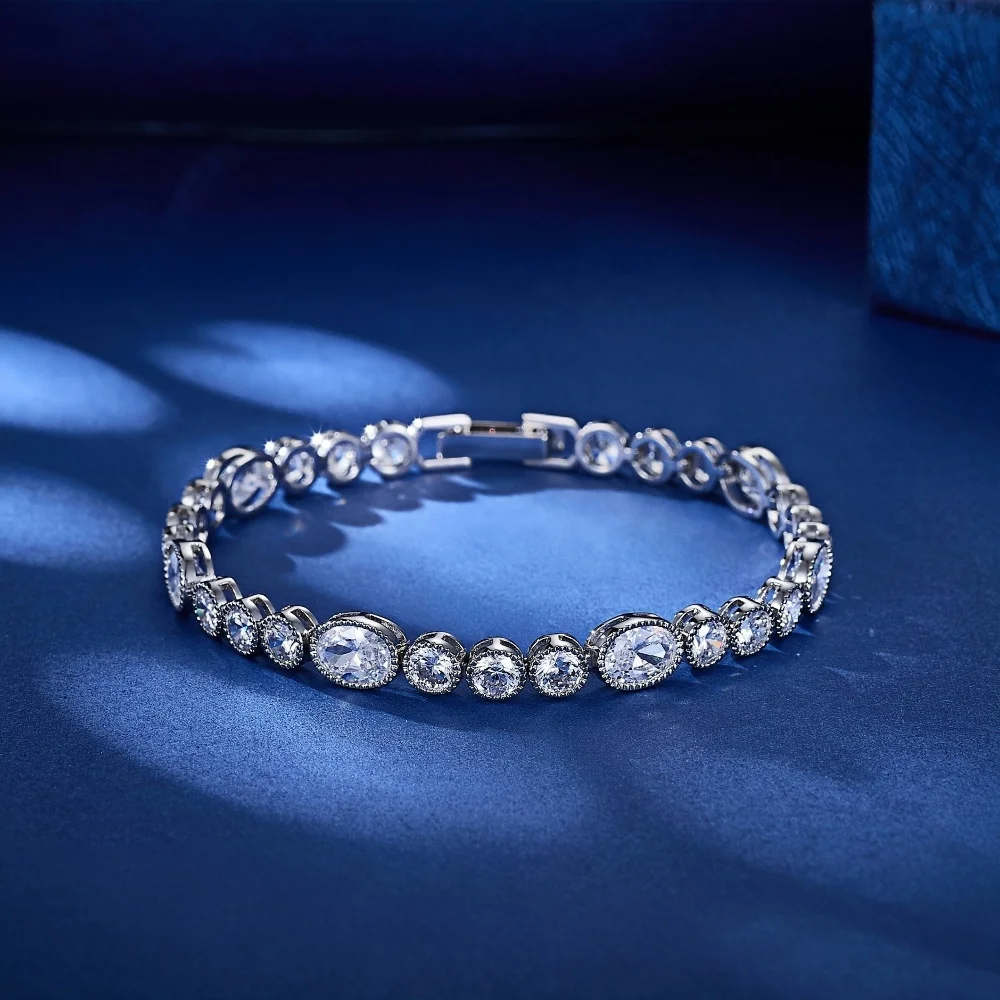 

Elegant Oval Round White Zircon Rhodium Plated Fashion Bracelet 17cm Bracelets Woman 2024