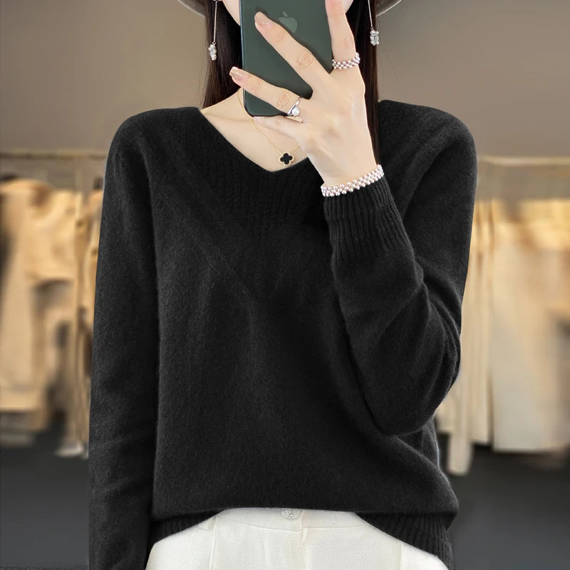 Line Of Clothing 100% Pure Wool Sweater Women\'s V-neck Hollowed-out Hook Long Sleeve Sweater Loose Wool Sweater Style Base Top