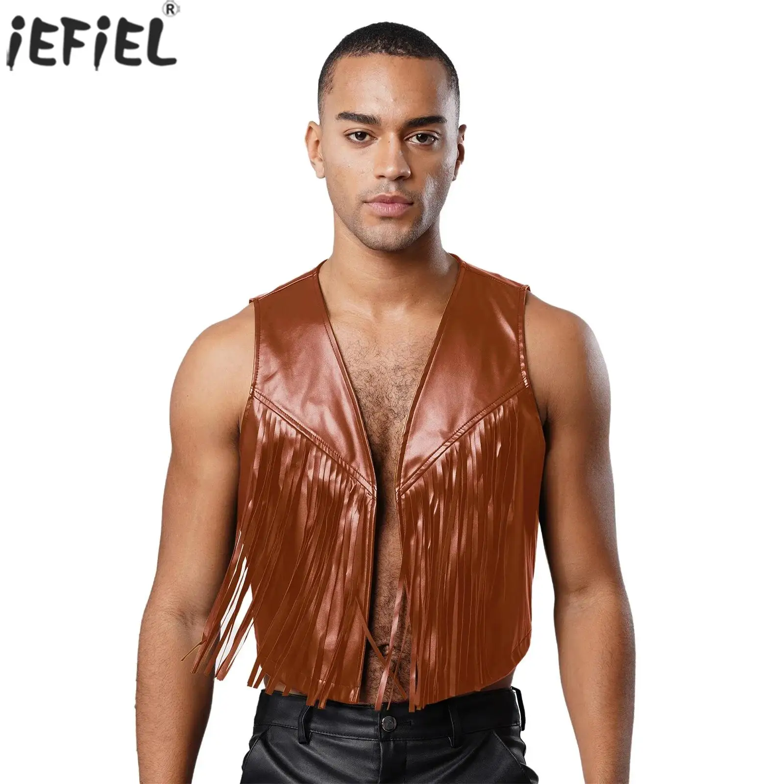 

Men Vintage 70s Fringe Vest Jackets Sleeveless Waistcoat Tank Tops Halloween Party Western Cowboy Crop Tops for Club Festival
