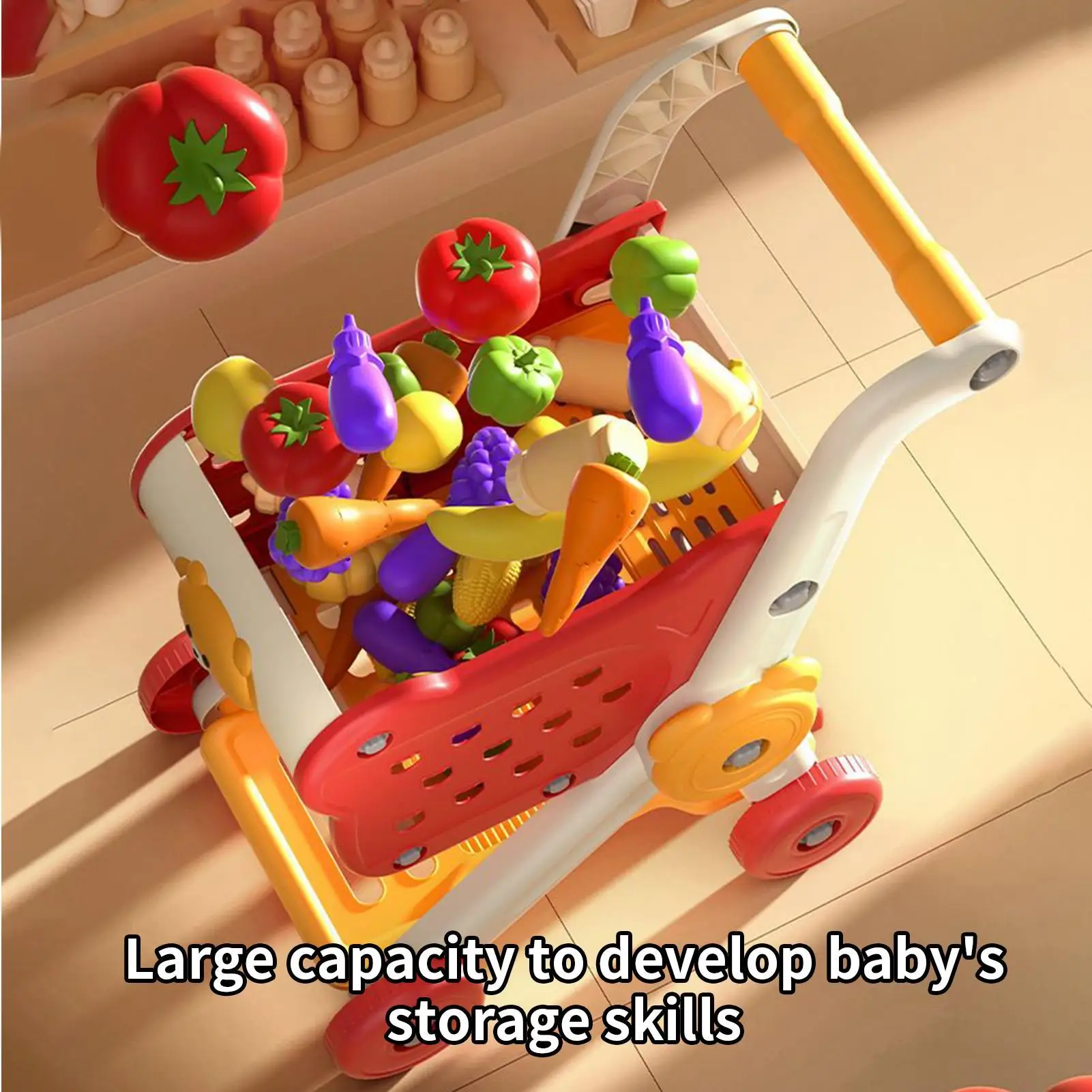 Kids Shopping Cart Pretend Play Toy Shopping Basket Set With Food Accessories Interactive Grocery Store Games for Toddler