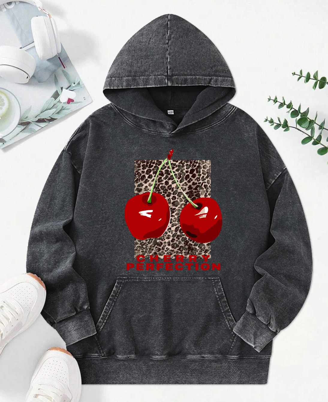 Fashion Leopard And Cherry Perfection Print Women Washed Hoodies Multicolor Hoody Loose Streetwear Autumn Cotton Womenwear