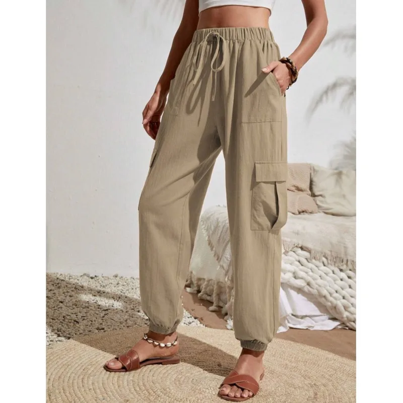 

New Solid Pocket Casual Pants For Women Fashion All-match Tooling Cargo Ankle Length Pant High Waist Drawstring Pants Sweatpants