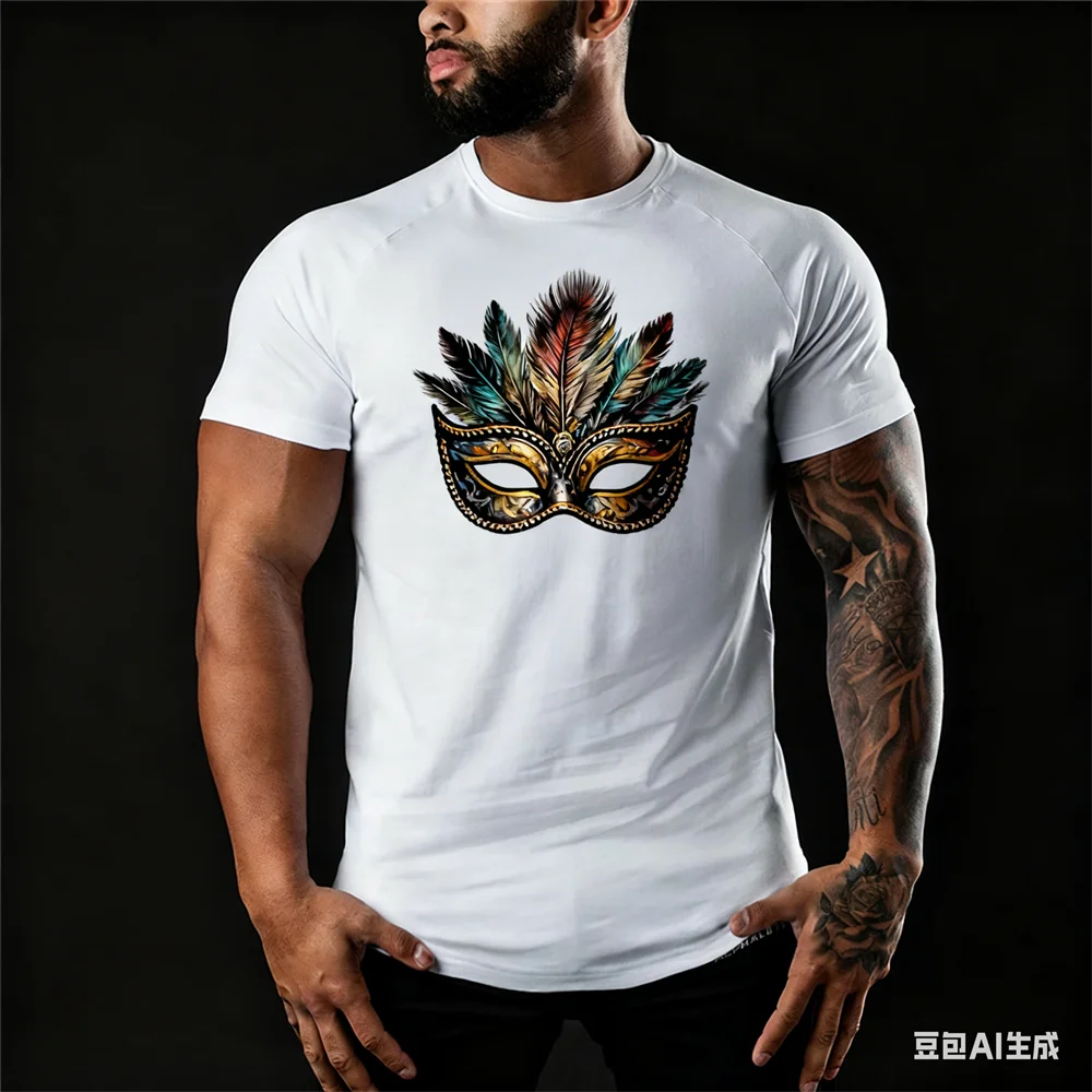 Brasilien Karneval Herren T-Shirt 3D Bunte Maske Gedruckt O-Ausschnitt Kurzarm Tops Freizeit Mode Karneval Party Unisex Kleidung