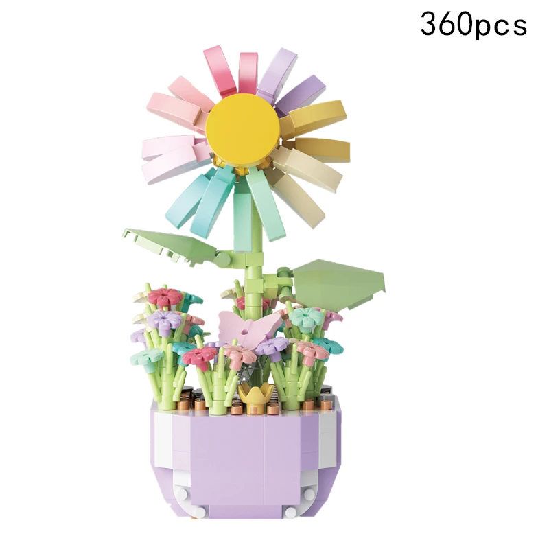 Sunflower Bricks Rose Tulip Flower Bouquet Carnation 3D Building Block Home Decoration Plant Potted Valentine For Girls