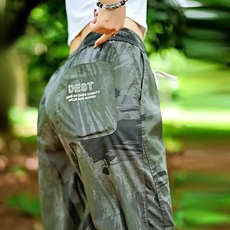 

Мужские повседневные брюки из камуфляжного ледяного шелка, летние тонкие новые шаровары, рабочая одежда, летние брюки для отдыха с девятью точками, Qui Dry