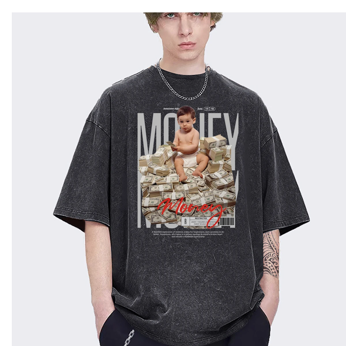 Hiphop Money Bundle of Banknotes Vintage rich streetwear harajuku Oversized men t-shirt Fashion Casual Vintage Washed Cotton TOP